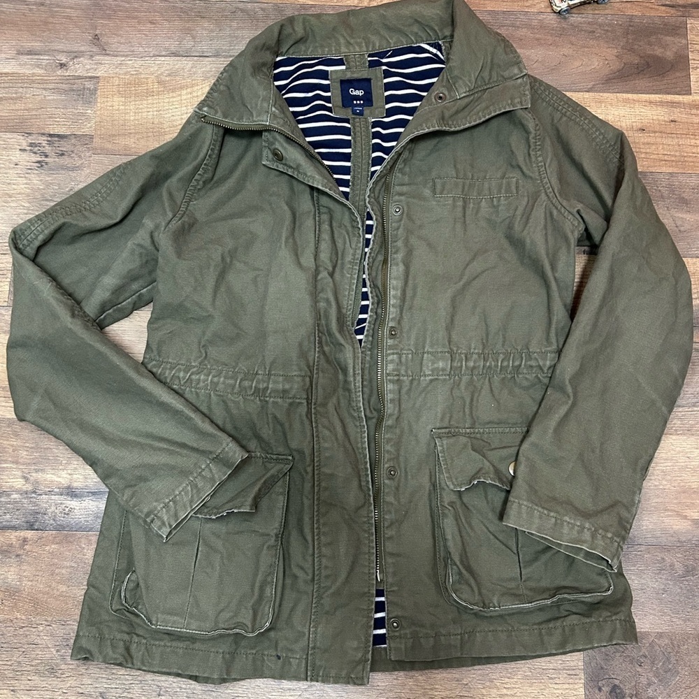 GAP military Khaki Green Jacket Cargo with Striped Lining Y2K
